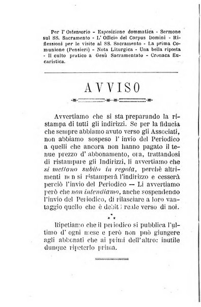 Il tabernacolo dell'amore periodico mensile in onore del ss. Sacramento