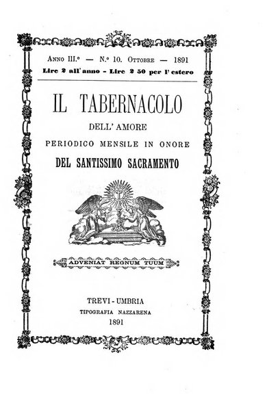 Il tabernacolo dell'amore periodico mensile in onore del ss. Sacramento