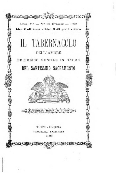 Il tabernacolo dell'amore periodico mensile in onore del ss. Sacramento