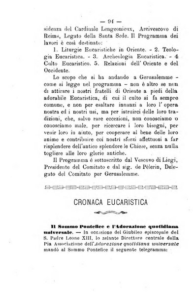 Il tabernacolo dell'amore periodico mensile in onore del ss. Sacramento