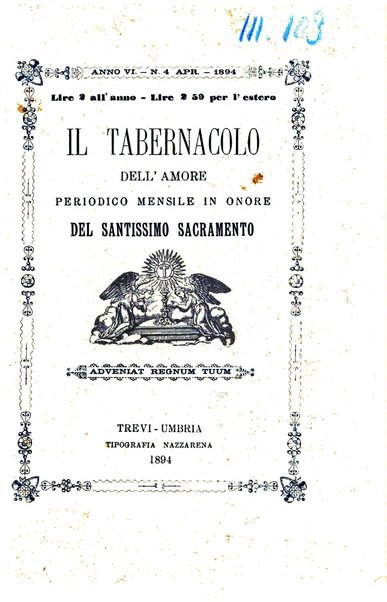 Il tabernacolo dell'amore periodico mensile in onore del ss. Sacramento