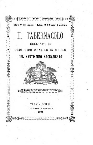 Il tabernacolo dell'amore periodico mensile in onore del ss. Sacramento