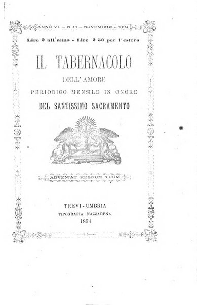 Il tabernacolo dell'amore periodico mensile in onore del ss. Sacramento