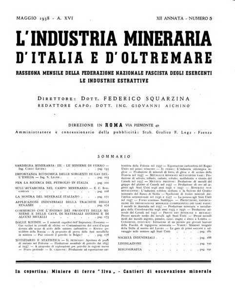 L'industria mineraria d'Italia e d'oltremare rassegna mensile della Federazione nazionale fascista degli esercenti le industrie estrattive