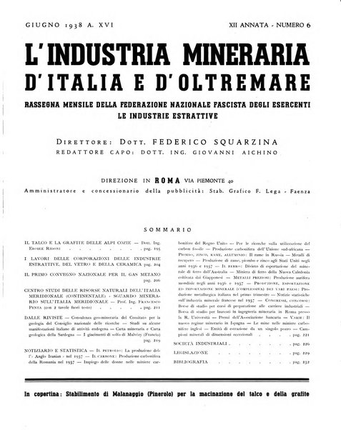 L'industria mineraria d'Italia e d'oltremare rassegna mensile della Federazione nazionale fascista degli esercenti le industrie estrattive