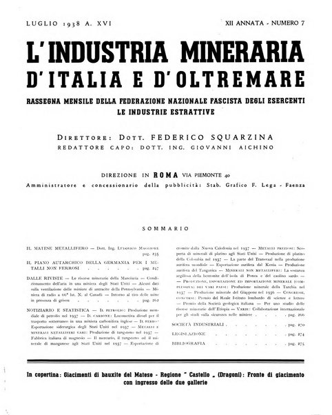 L'industria mineraria d'Italia e d'oltremare rassegna mensile della Federazione nazionale fascista degli esercenti le industrie estrattive