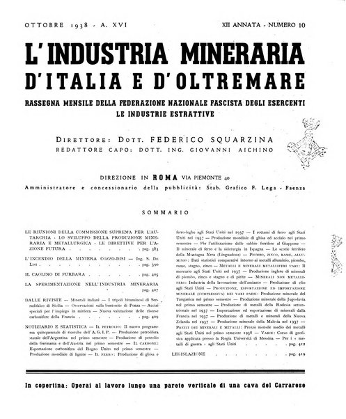 L'industria mineraria d'Italia e d'oltremare rassegna mensile della Federazione nazionale fascista degli esercenti le industrie estrattive