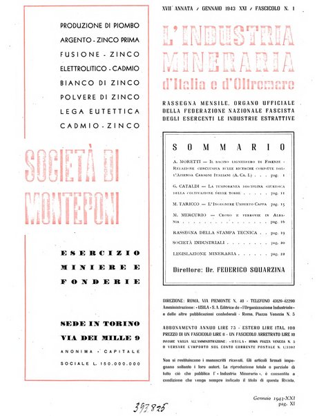 L'industria mineraria d'Italia e d'oltremare rassegna mensile della Federazione nazionale fascista degli esercenti le industrie estrattive