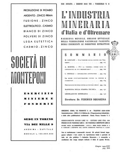 L'industria mineraria d'Italia e d'oltremare rassegna mensile della Federazione nazionale fascista degli esercenti le industrie estrattive