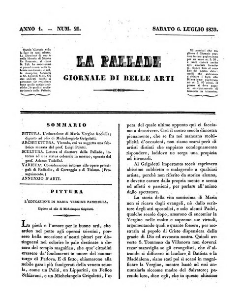 La pallade giornale di belle arti