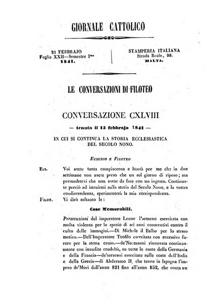 Giornale cattolico intitolato Le conversazioni di Filoteo