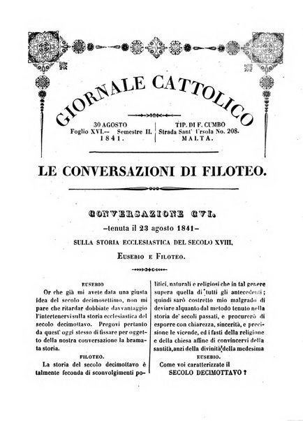 Giornale cattolico intitolato Le conversazioni di Filoteo