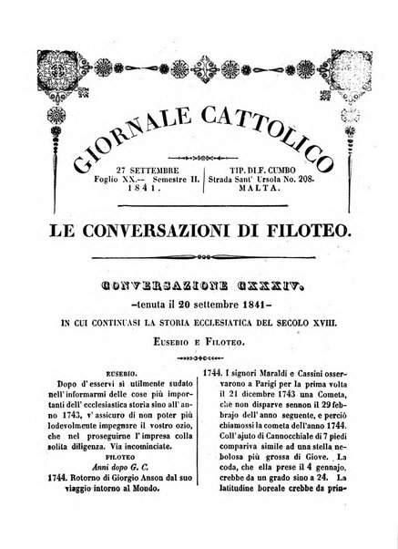 Giornale cattolico intitolato Le conversazioni di Filoteo