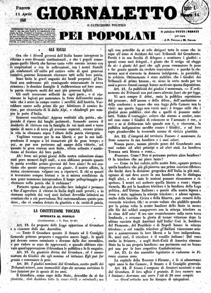 Giornaletto pei popolani : catechismo politico / per cura di P. Thouar e M. Cellini