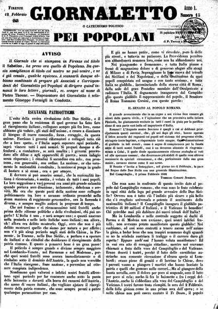 Giornaletto pei popolani : catechismo politico / per cura di P. Thouar e M. Cellini