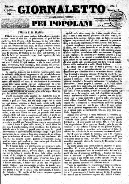 Giornaletto pei popolani : catechismo politico / per cura di P. Thouar e M. Cellini