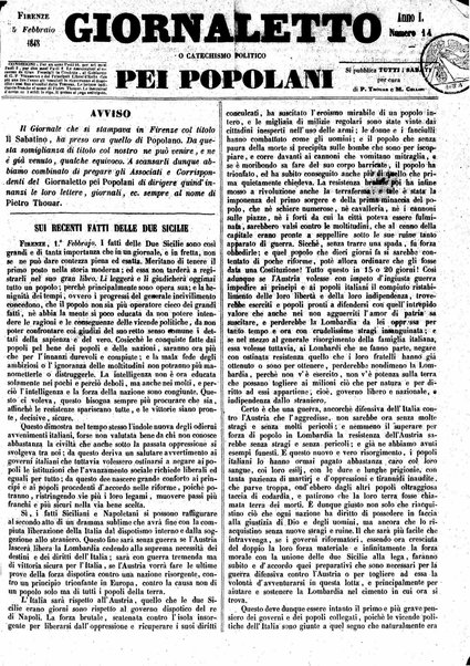 Giornaletto pei popolani : catechismo politico / per cura di P. Thouar e M. Cellini