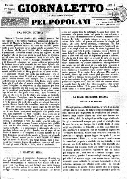 Giornaletto pei popolani : catechismo politico / per cura di P. Thouar e M. Cellini