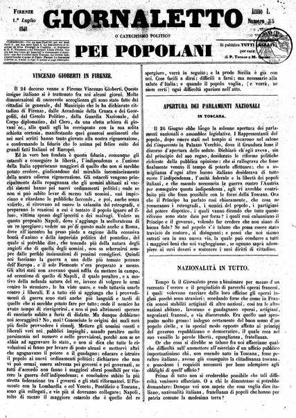 Giornaletto pei popolani : catechismo politico / per cura di P. Thouar e M. Cellini