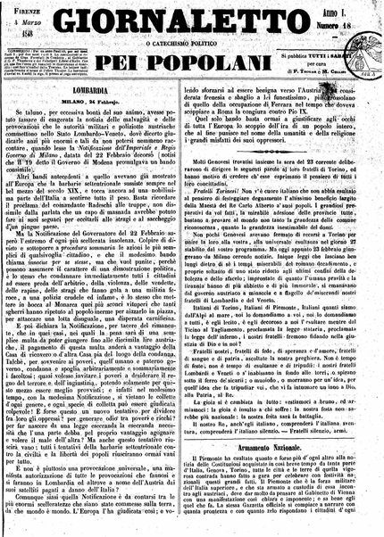 Giornaletto pei popolani : catechismo politico / per cura di P. Thouar e M. Cellini