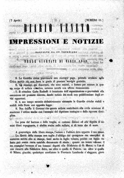 Diario veneto : impressioni e notizie raccolte da un veneziano nelle giornate di marzo 1848 e seguenti