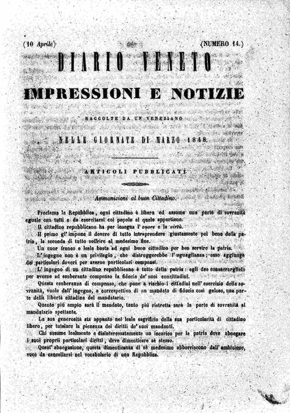 Diario veneto : impressioni e notizie raccolte da un veneziano nelle giornate di marzo 1848 e seguenti
