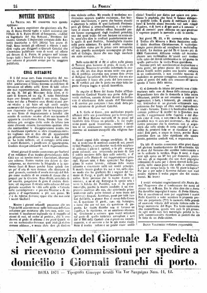 La fedeltà : giornale quindicinale della Società romana dei reduci dalle battaglie in difesa del papato