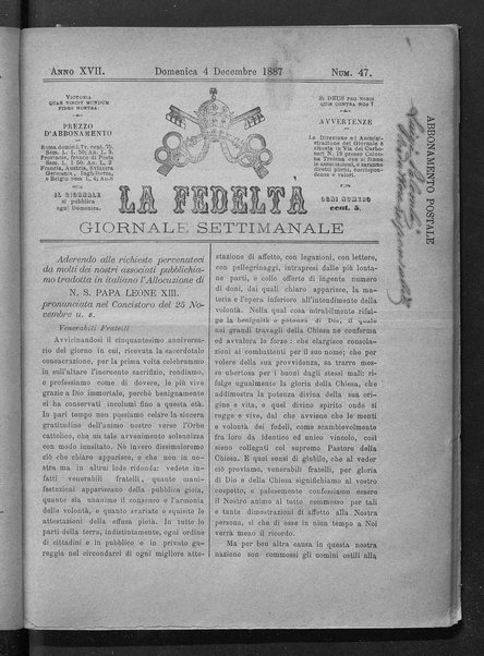 La fedeltà : giornale quindicinale della Società romana dei reduci dalle battaglie in difesa del papato