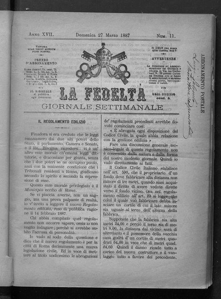 La fedeltà : giornale quindicinale della Società romana dei reduci dalle battaglie in difesa del papato