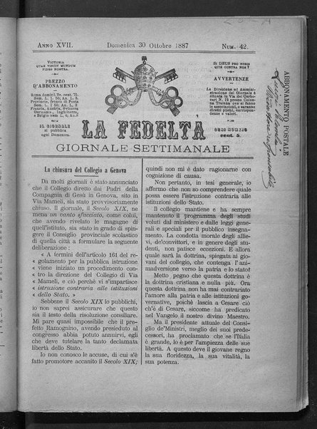 La fedeltà : giornale quindicinale della Società romana dei reduci dalle battaglie in difesa del papato