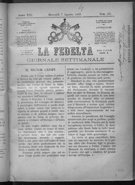 La fedeltà : giornale quindicinale della Società romana dei reduci dalle battaglie in difesa del papato