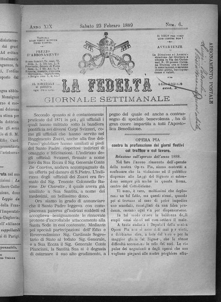 La fedeltà : giornale quindicinale della Società romana dei reduci dalle battaglie in difesa del papato