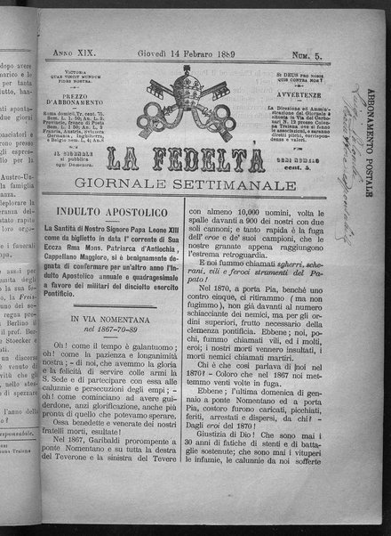 La fedeltà : giornale quindicinale della Società romana dei reduci dalle battaglie in difesa del papato