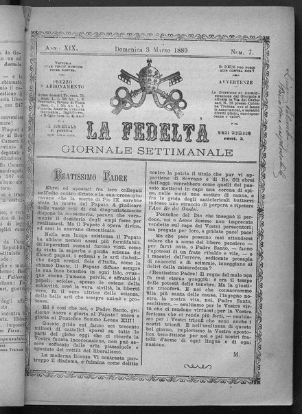 La fedeltà : giornale quindicinale della Società romana dei reduci dalle battaglie in difesa del papato