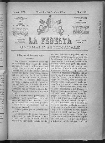 La fedeltà : giornale quindicinale della Società romana dei reduci dalle battaglie in difesa del papato