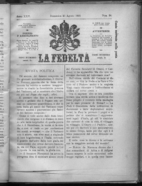 La fedeltà : giornale quindicinale della Società romana dei reduci dalle battaglie in difesa del papato