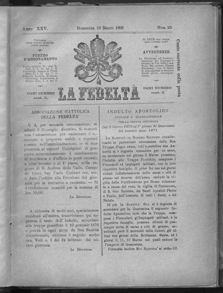 La fedeltà : giornale quindicinale della Società romana dei reduci dalle battaglie in difesa del papato