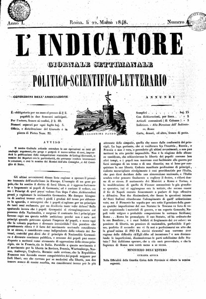 L' Indicatore : giornale settimanale politico-scientifico-letterario