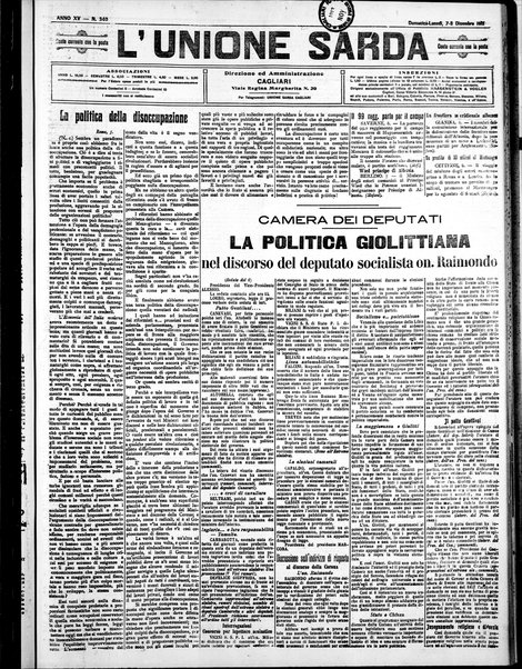 L'unione sarda : giornale settimanale, politico, amministrativo, letterario