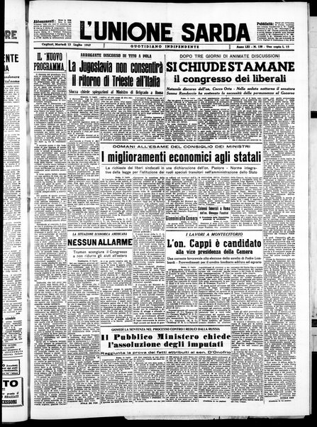 L'unione sarda : giornale settimanale, politico, amministrativo, letterario