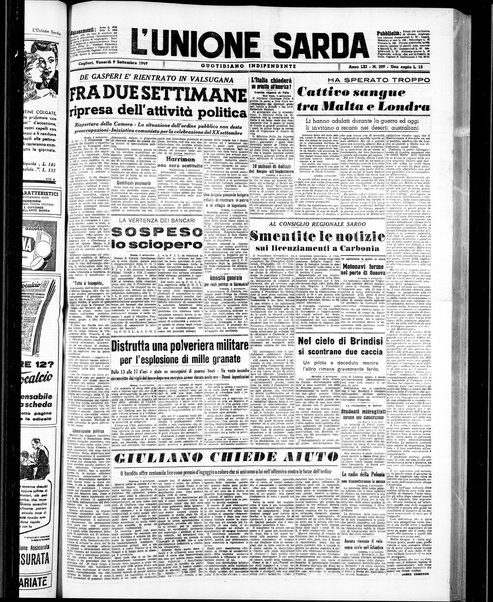 L'unione sarda : giornale settimanale, politico, amministrativo, letterario