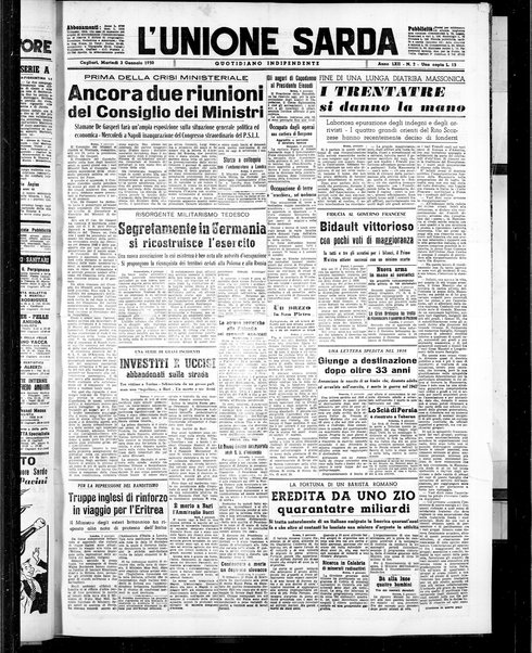 L'unione sarda : giornale settimanale, politico, amministrativo, letterario