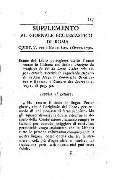 Giornale ecclesiastico di Roma. Supplemento