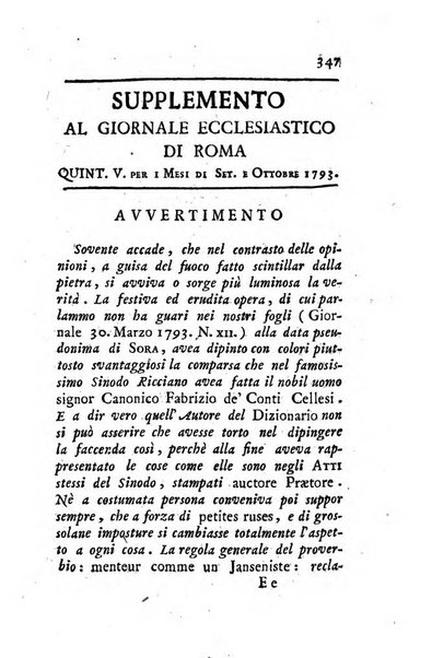 Giornale ecclesiastico di Roma. Supplemento