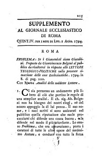 Giornale ecclesiastico di Roma. Supplemento