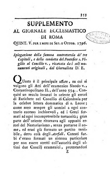 Giornale ecclesiastico di Roma. Supplemento