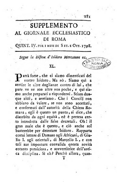 Giornale ecclesiastico di Roma. Supplemento