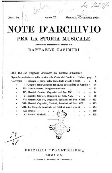 Note d'archivio per la storia musicale periodico trimestrale