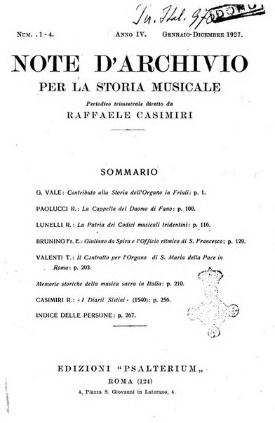 Note d'archivio per la storia musicale periodico trimestrale