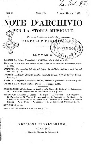 Note d'archivio per la storia musicale periodico trimestrale